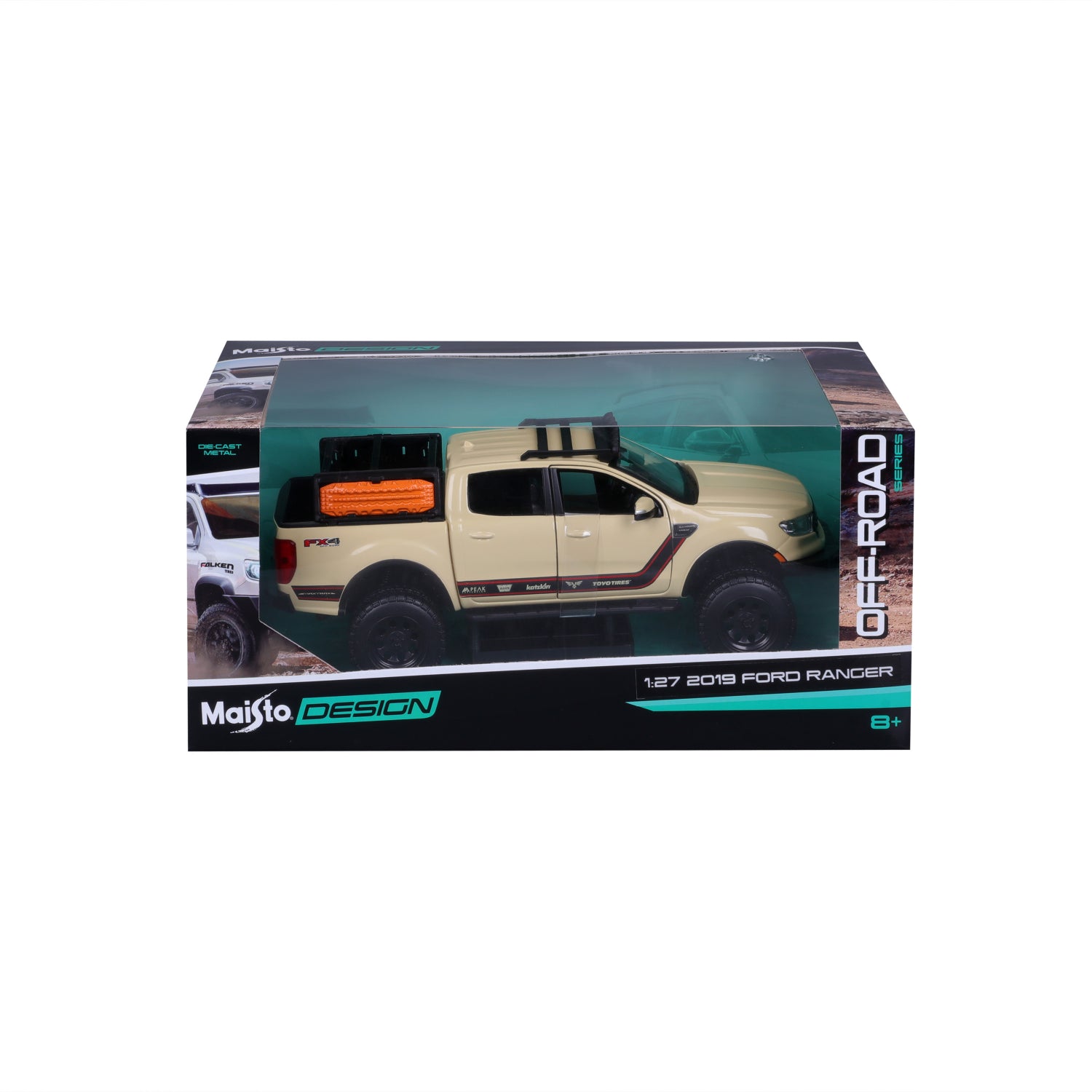 Carro Maisto Off-Road Ford Ranger 2019 en color amarillo, vista frontal en su caja.